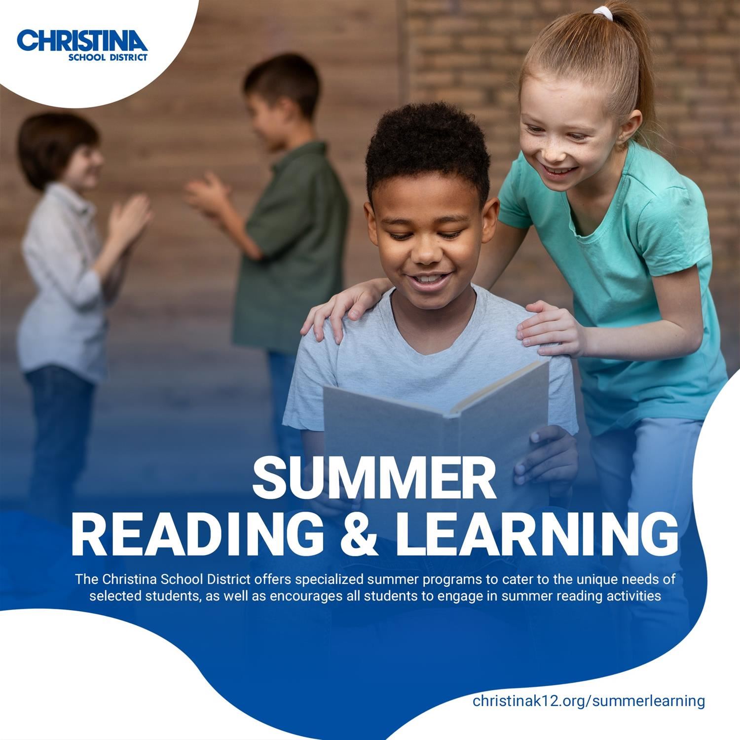  Christina School District Summer Reading & Learning. Kids at play reading a book.